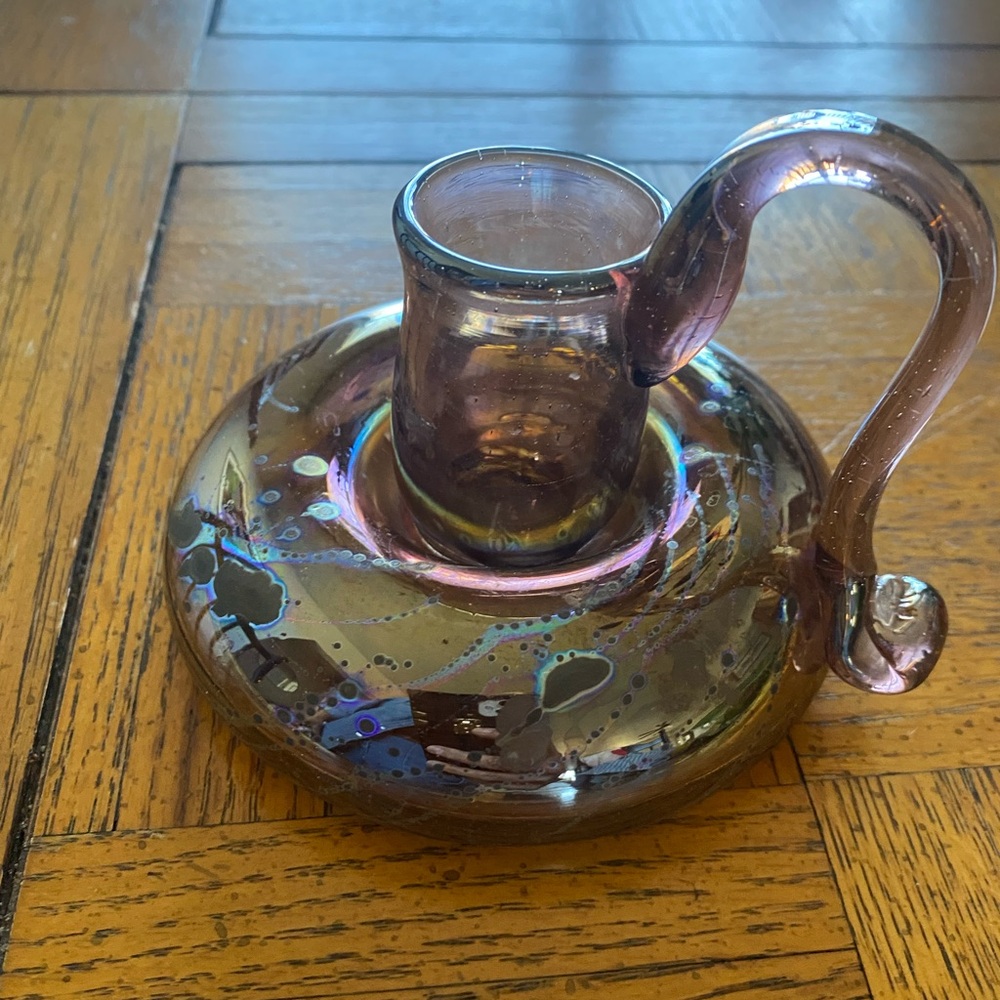 Vintage Hand Blown Glass Candle Holder By Coleman Studio 1983 Iridescent Mauve